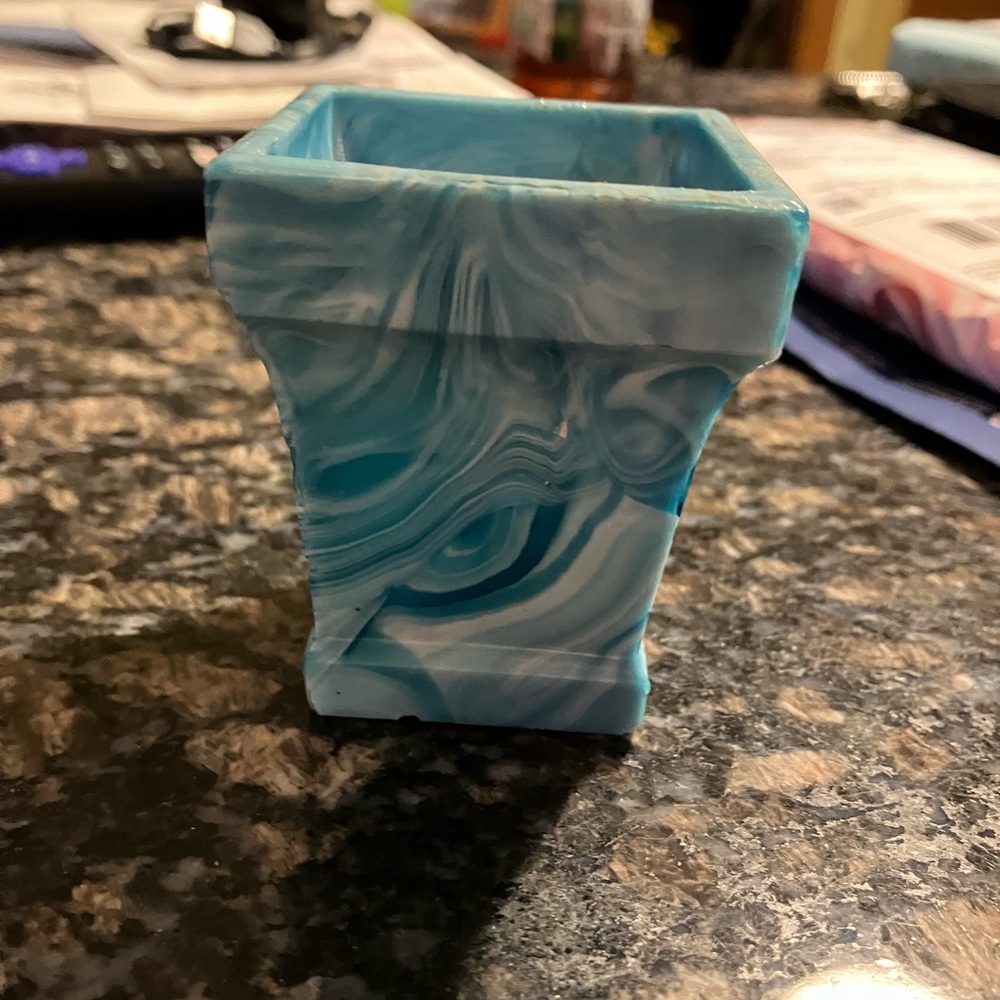 Blue and white swirled slag glass small vessel